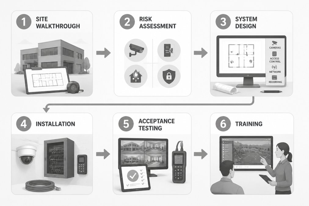 Flowchart showing the 6-step commercial security system installation process: site walkthrough, risk assessment, system design, installation, acceptance testing, and training