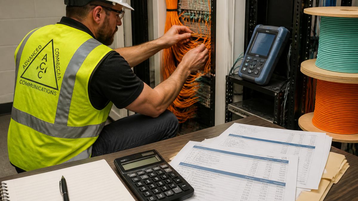 A fiber optic technician in a hard hat and safety vest inspecting a bundle of orange fiber cable inside a commercial building's telecom closet, with spools and test equipment visible in the background
