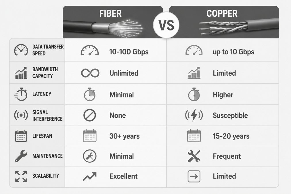 Comparison matrix showing Fiber vs. Copper across data transfer speed (fiber: 10-100 Gbps, copper: up to 10 Gbps), bandwidth capacity (fiber: unlimited, copper: limited), latency (fiber: minimal, copper: higher), signal interference (fiber: none, copper: susceptible), lifespan (fiber: 30+ years, copper: 15-20 years), maintenance (fiber: minimal, copper: frequent), scalability (fiber: excellent, copper: limited)