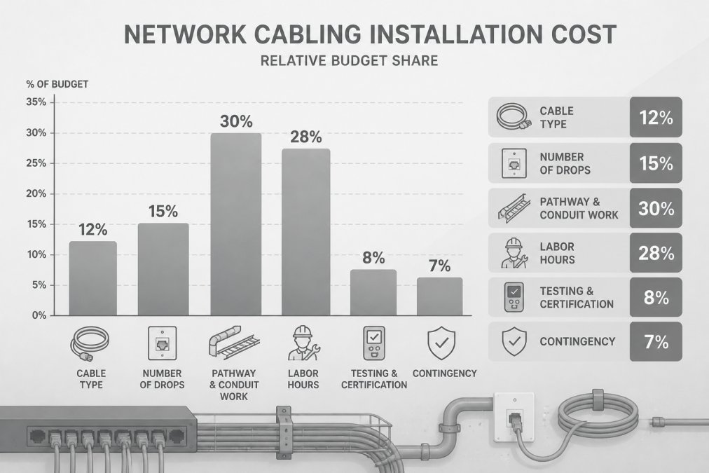 Bar chart detailing the budget breakdown for low voltage cabling projects by labor, pathways, and testing.