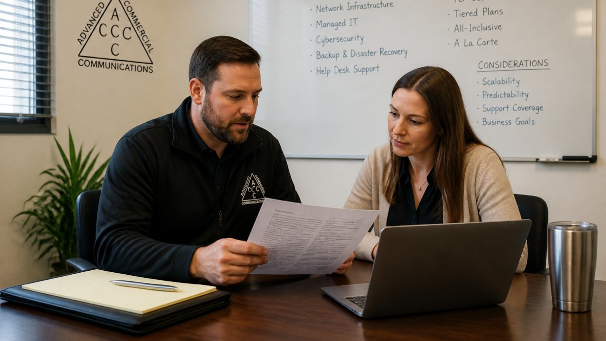 A small business owner and an IT consultant reviewing a printed service agreement and laptop at a table in a modest office, with a whiteboard of budget notes behind them
