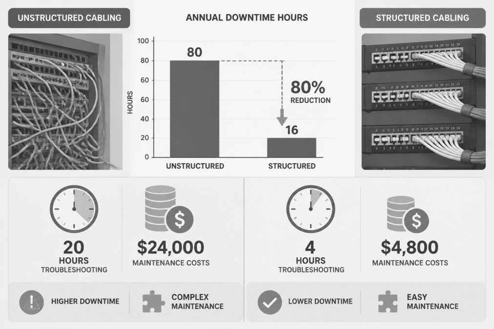 Bar chart comparing annual downtime hours for unstructured cabling versus structured cabling, with callout labels for reduced troubleshooting time and lower maintenance costs