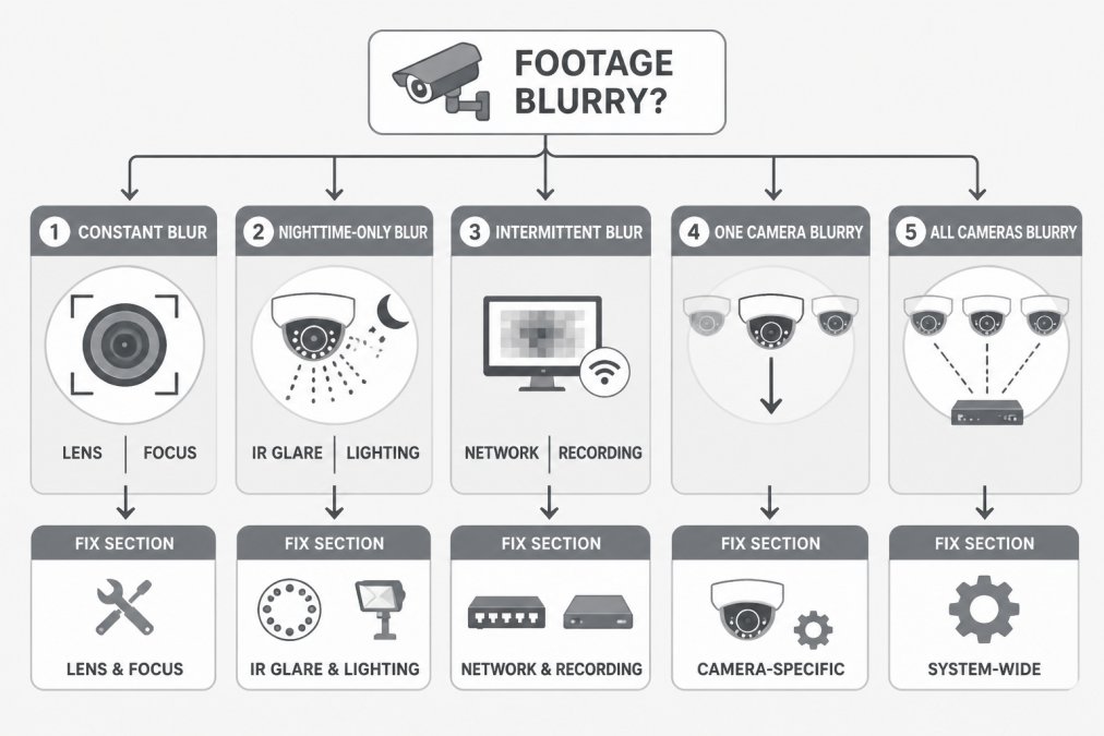 Diagnostic flowchart: start at "footage blurry?" then branch to constant blur (lens and focus), nighttime-only blur (IR glare and lighting), intermittent blur (network and recording), and one-camera vs all-cameras paths, each arrow pointing to its matching fix section